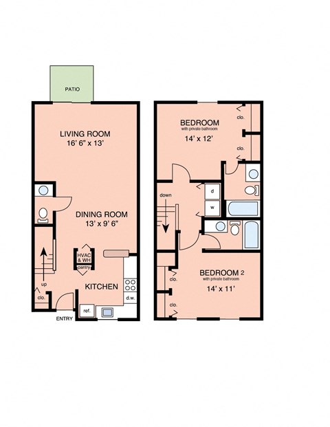 Floor plan for 2 beds, 2.5 baths, 1154 sqft